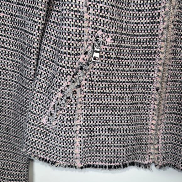Rebecca Taylor Tweed Jacket Size 4 Zip Front Fringe Trim Pink Workwear Blazer - Picture 4 of 11
